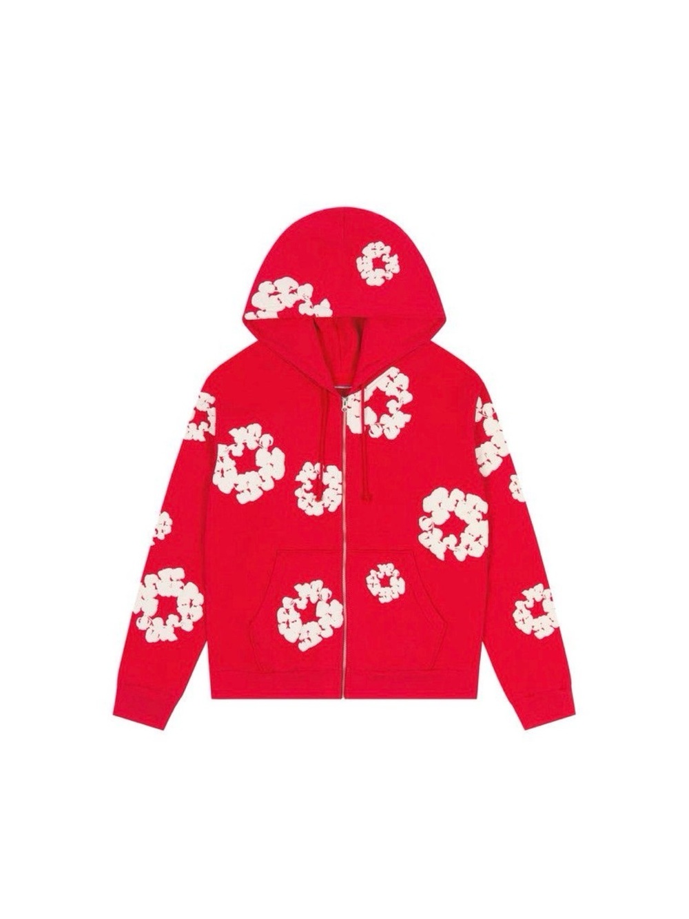 Denim Tears Red Zip-Up Hoodie with White Cotton Wreath Ring Print